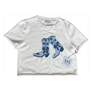 Haute Hippie Cowboy Boot Tee in Textured Fabric Cream with Blue Graphic Large